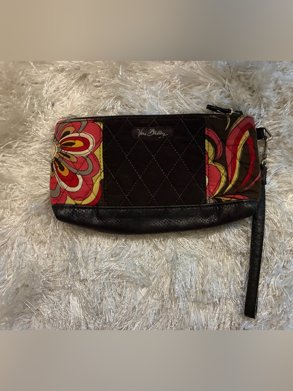 Vera Bradley Espresso Quilted Wristlet with Pink, Red & Yellow Floral Panels
